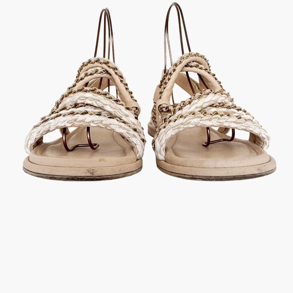 Chanel Chain & Cord Gladiator Sandals EU 39.5 US 8.5-9 Beige Leather Flat CC - Picture 5 of 14